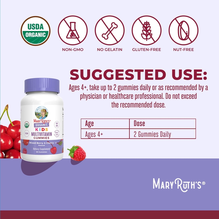 MaryRuth's, органические жевательные мультивитамины для детей, со вкусом ягод и вишни, 60 жевательных таблеток