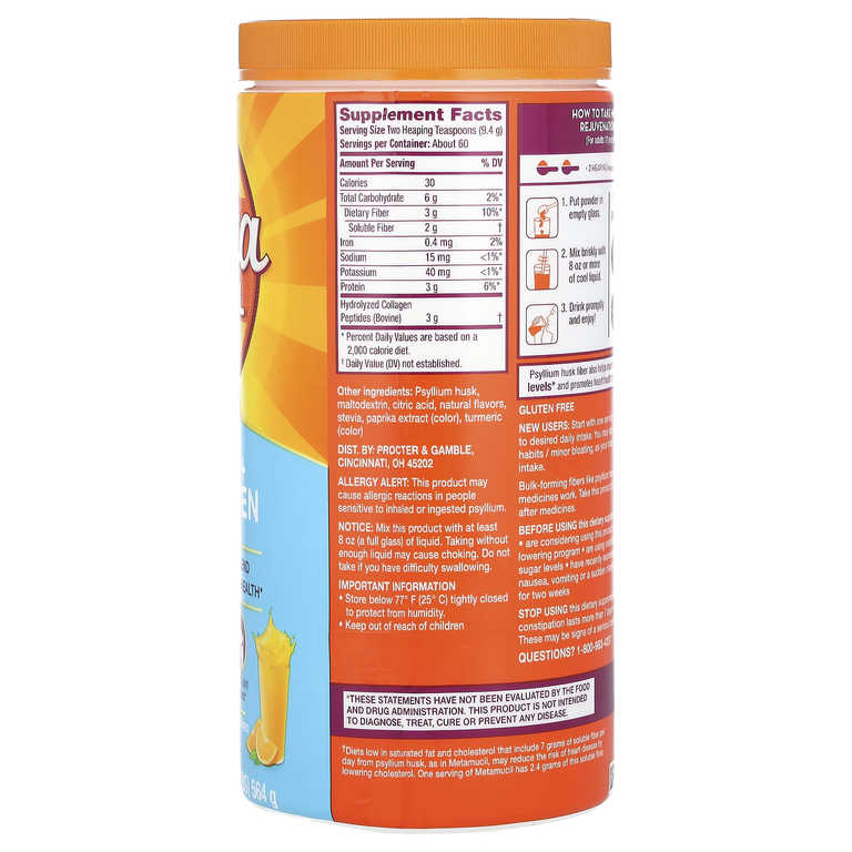 Metamucil, клетчатка и пептиды коллагена, со вкусом апельсина, 564 г (1,2 фунта)