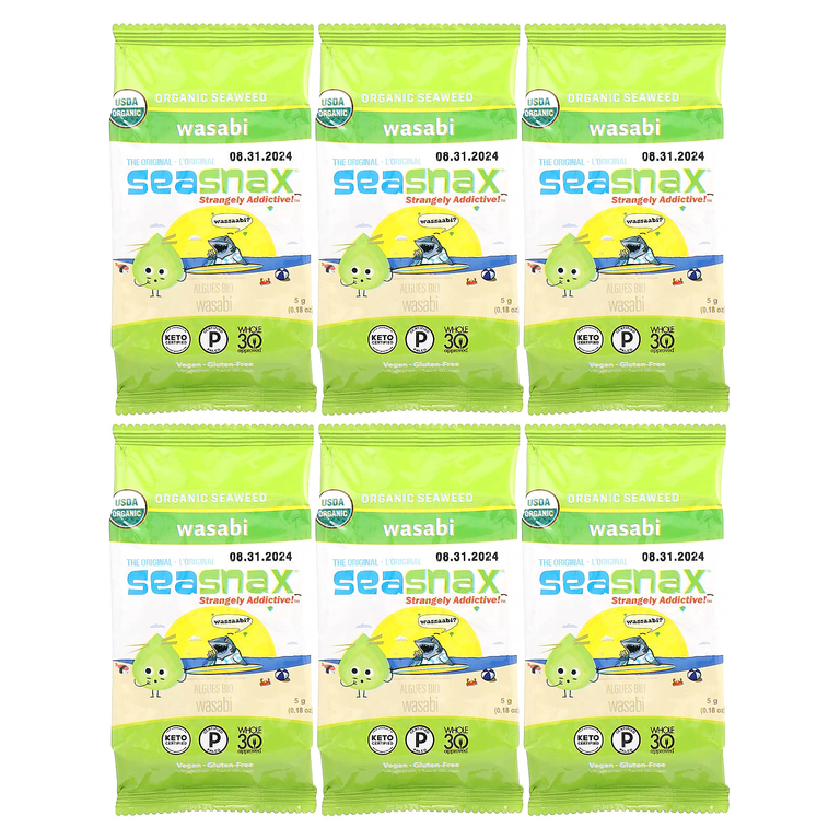 SeaSnax, органические морские водоросли, васаби, 6 пакетиков по 5 г (0,18 унции)