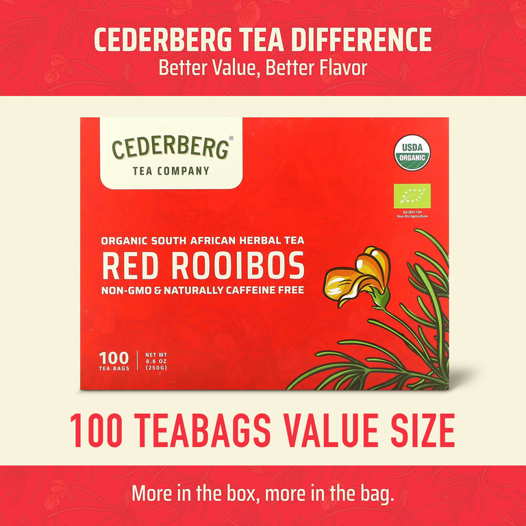 Cederberg Tea Co, органический южноафриканский травяной чай, красный ройбуш, без кофеина, 100 чайных пакетиков, 250 г (8,8 унции)