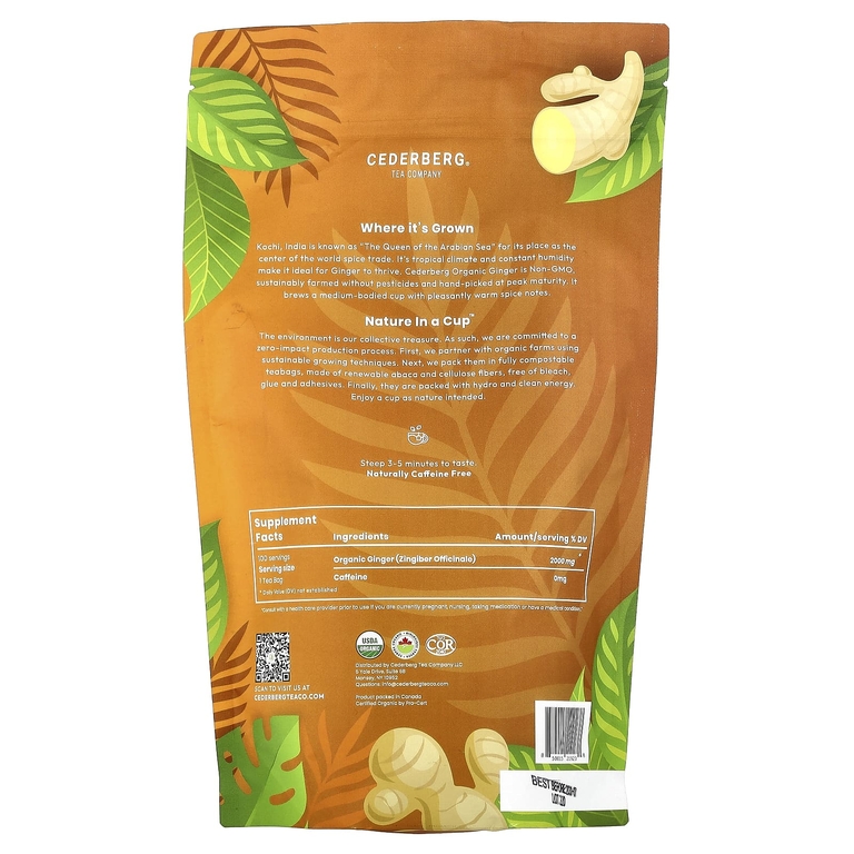 Cederberg Tea Co, органический имбирь, без кофеина, 100 натуральных чайных пакетиков, 220 г (7,76 унции)