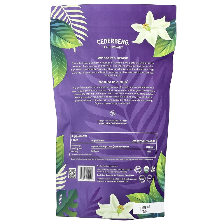 Cederberg Tea Co, Чай Single Estate, органическая моринга без кофеина, 100 пакетиков натурального чая, 200 г (7,05 унции)