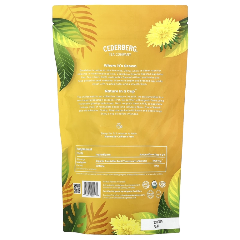 Cederberg Tea Co, Органический корень одуванчика, без кофеина, 100 пакетиков натурального чая, 200 г (7,05 унции)