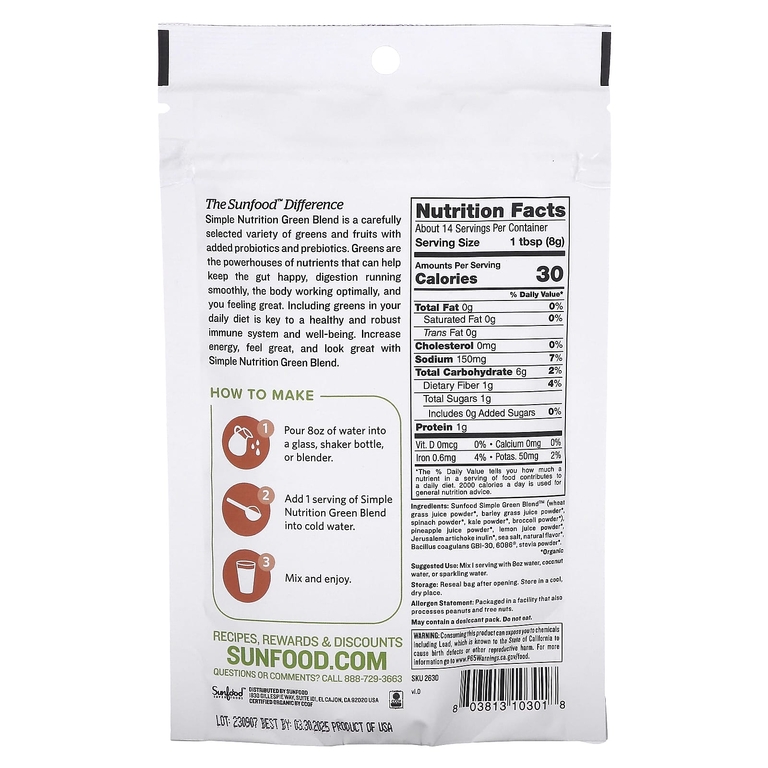 Sunfood, Simple Nutrition, смесь зелени, 113 г (4 унции) (Товар снят с продажи) 