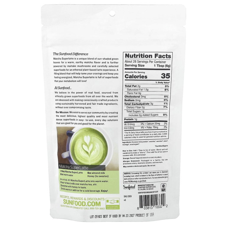 Sunfood, Organc матча, суперлатте, 170 г (6 унций)