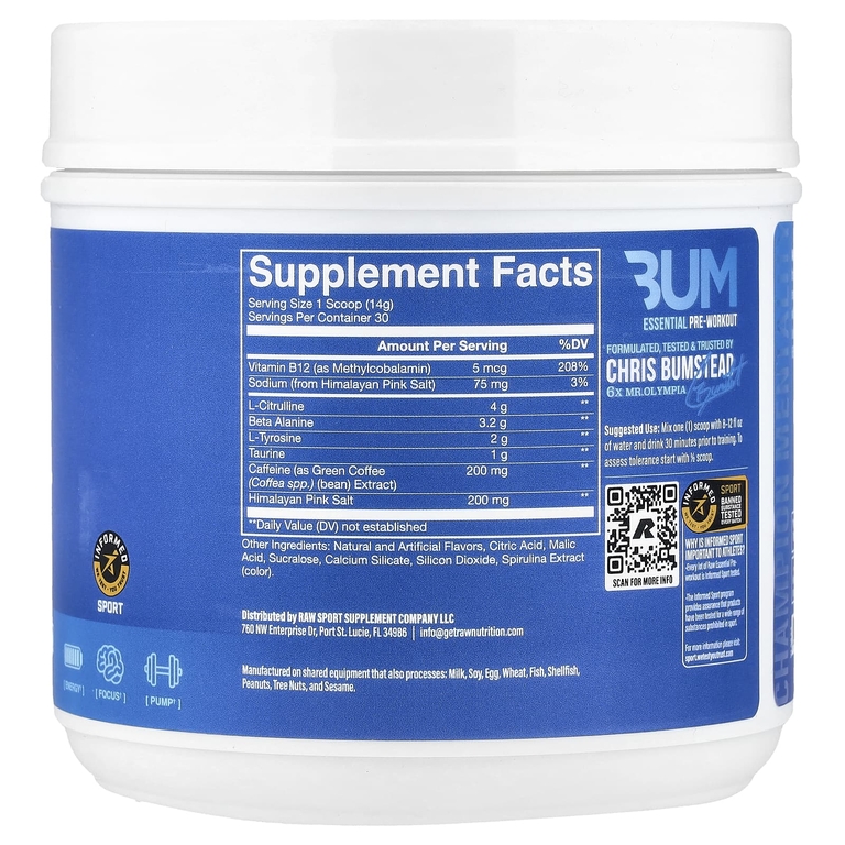 Raw Nutrition, Bum Essentials, Essential Pre-Workout, голубая малина, 420 г