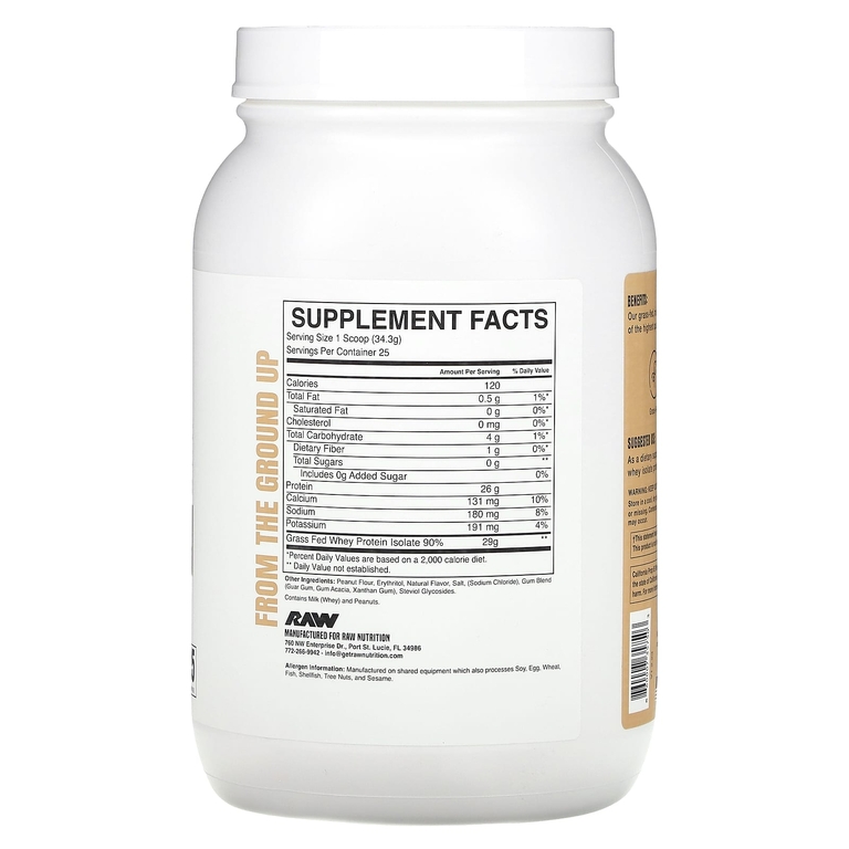 Raw Nutrition, сывороточный изолят сывороточного протеина от коров травяного откорма, с арахисовым маслом, 857,5 г (1,89 фунта) (Товар снят с продажи) 