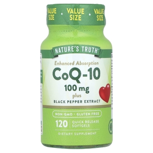 Nature's Truth, CoQ-10 с экстрактом черного перца, улучшенное усвоение, 100 мг, 120 капсул с быстрым высвобождением