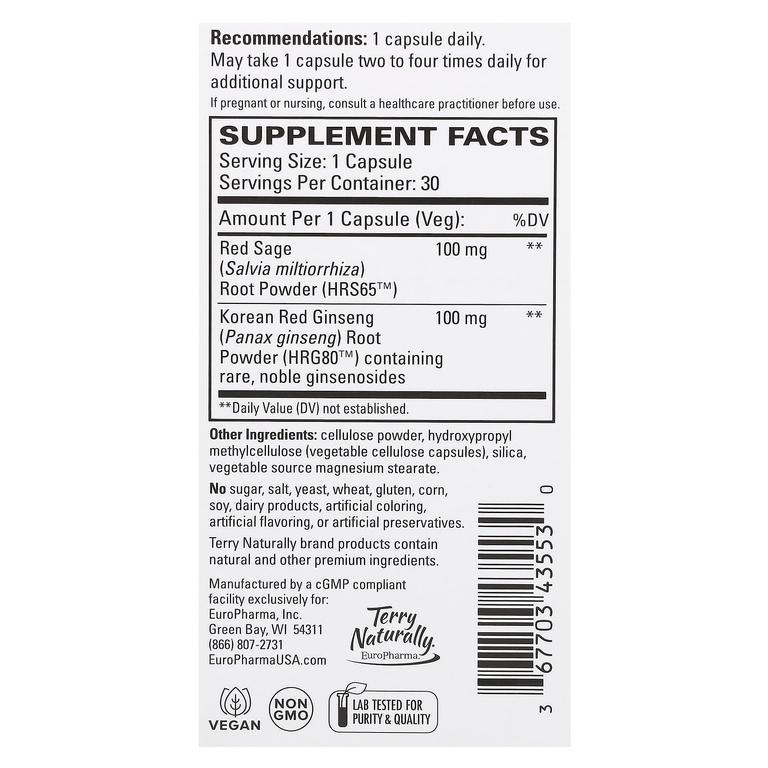 Terry Naturally, Red Sage Plus с HRG80 красным женьшенем, 30 капсул