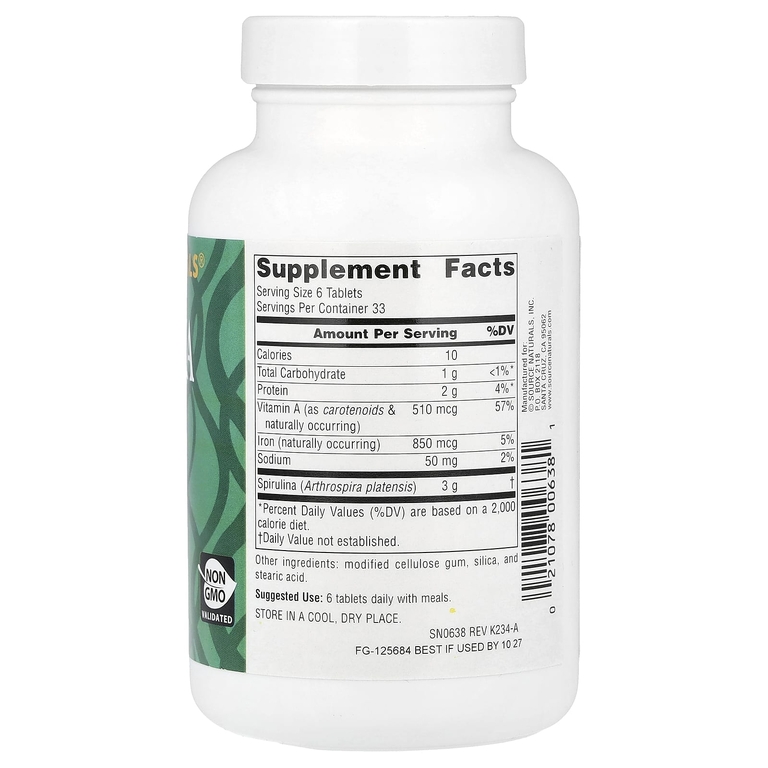 Source Naturals, Спирулина, 500 мг, 200 таблеток