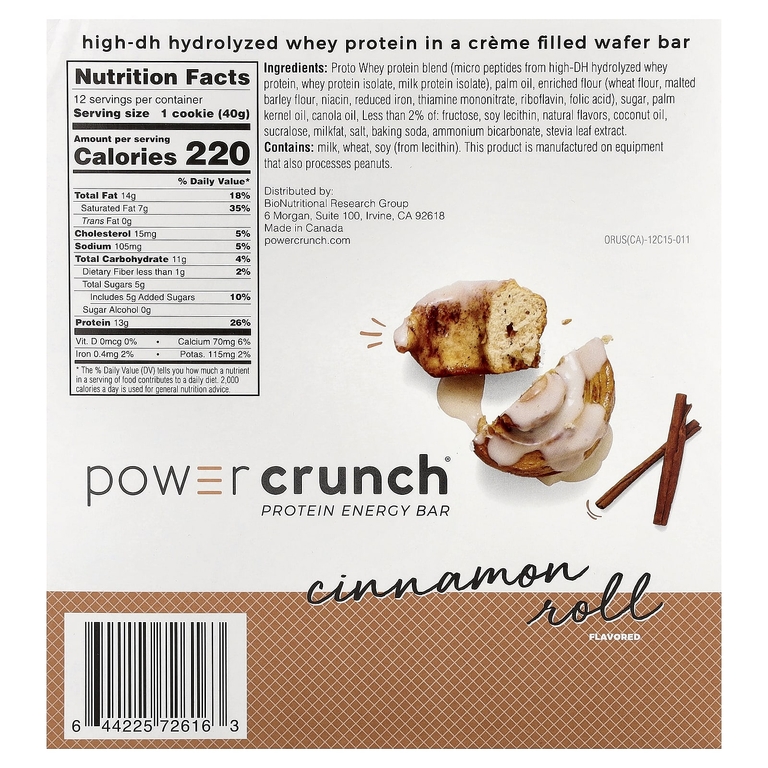 BNRG, Power Crunch®, протеиновый батончик, булочка с корицей, 12 батончиков по 40 г (1,4 унции) (Товар снят с продажи) 