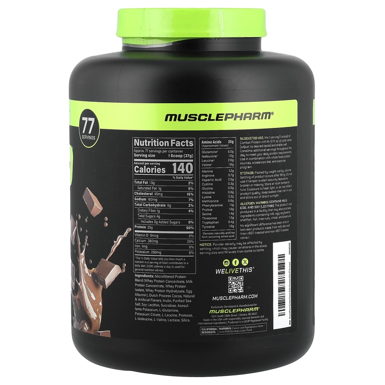 MusclePharm, Combat Protein, протеиновый порошок, со вкусом шоколадного молока, 2831 г (6,2 фунта)