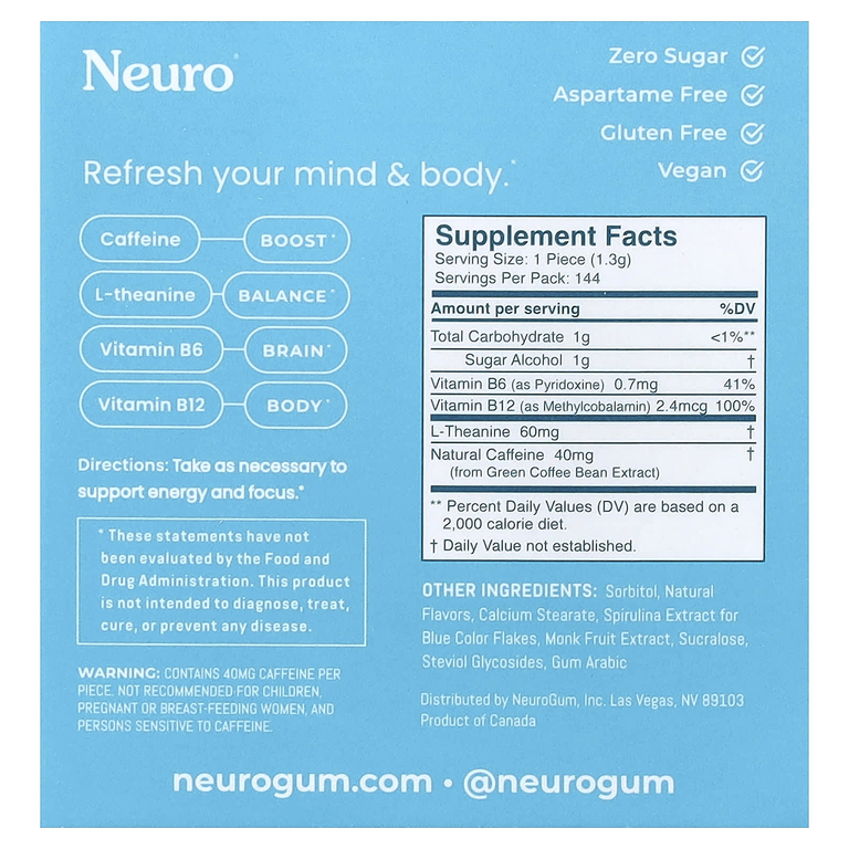 NeuroGum, мятные конфеты для энергии и концентрации, перечная мята, 12 пакетиков по 12 шт.