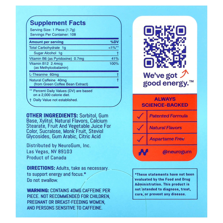 NeuroGum, Energy & Focus, корица, 12 пакетиков по 9 шт.