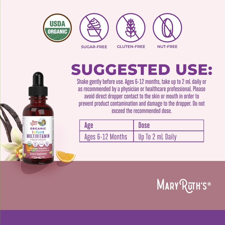MaryRuth's, органические мультивитамины в жидкой форме для младенцев, для детей 6–12 месяцев, со вкусом апельсина и ванили, 60 мл (2 жидк. унции)