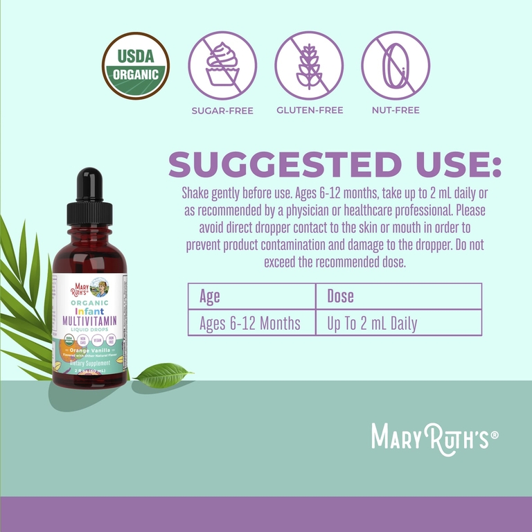 MaryRuth's, органические мультивитамины в жидкой форме для младенцев, без железа, для детей 6–12 месяцев, со вкусом апельсина и ванили, 60 мл (2 жидк. унции)