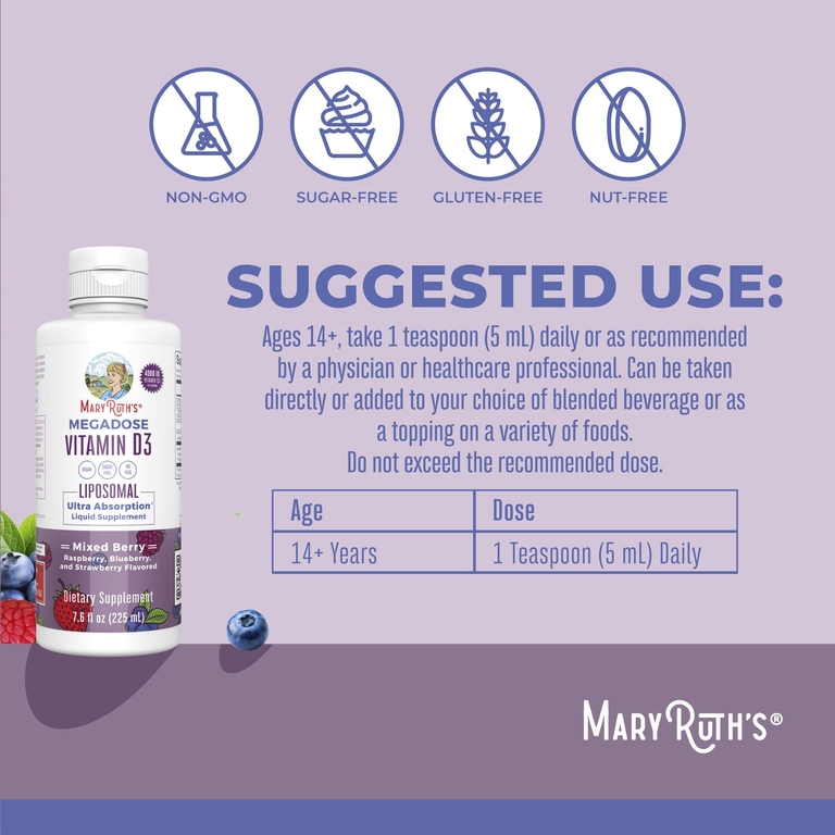 MaryRuth's, Megadose Vitamin D3, липосомальный витамин D3, ягодное ассорти, 4000 МЕ, 225 мл (7,6 жидк. унции)
