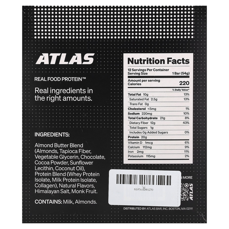 Atlas Bar, Real Food Protein™, батончик, темный шоколад и миндаль, 12 батончиков по 54 г (1,9 унции)