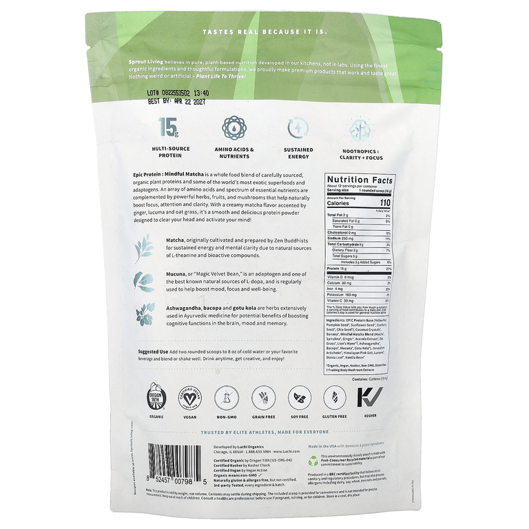 Sprout Living, Epic Protein, Mindful Matcha, 336 г (0,7 фунта)
