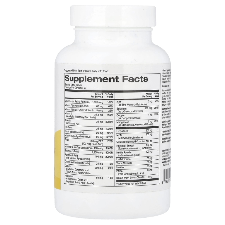Super Nutrition, мультивитамины с L-цистеином, МСМ, витамином A и биотином, 180 таблеток