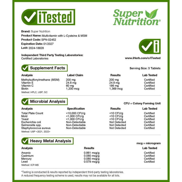 Super Nutrition, мультивитамины с L-цистеином, МСМ, витамином A и биотином, 180 таблеток