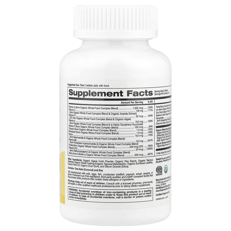 Super Nutrition, мультивитамины из органических цельных продуктов для женщин старше 40 лет, с экстрактами органической амлы, органического подсолнечника, органической моринги и органического шиитаке, 60 таблеток