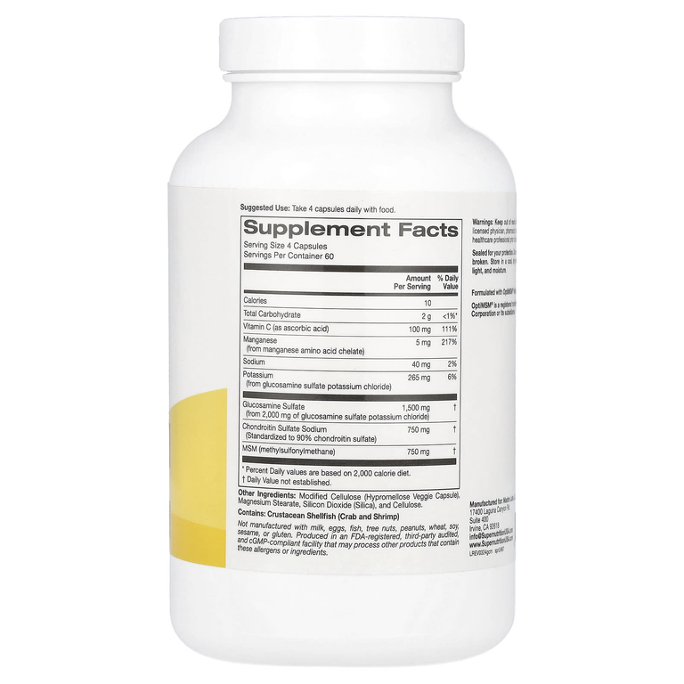 Super Nutrition, глюкозамин, хондроитин и МСМ с калием и витамином C, 240 растительных капсул (Товар снят с продажи) 