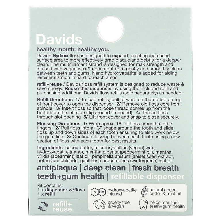 Davids, Расширение системы запаса зубной нити, + сменный блок, мята, 2 шт.