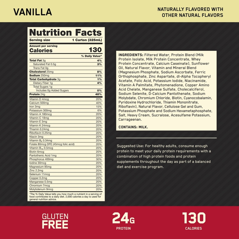 Optimum Nutrition, протеиновый коктейль Gold Standard, со вкусом ванили, 4 упаковки по 325 мл (11 жидк. унций)