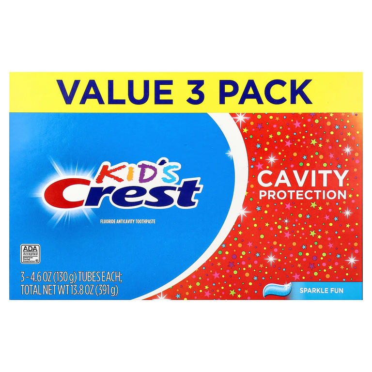Crest, для детей, зубная паста против кариеса с фтором, с блестками, 3 шт. в упаковке, 130 г (4,6 унции)