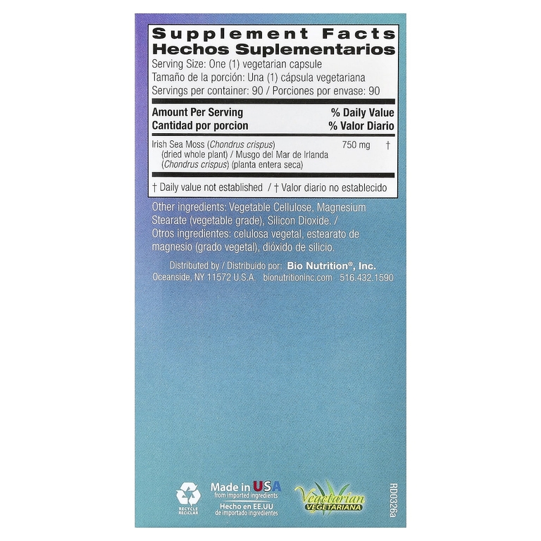 Bio Nutrition, ирландский морской мох, 90 вегетарианских капсул (750 мг в одной капсуле)
