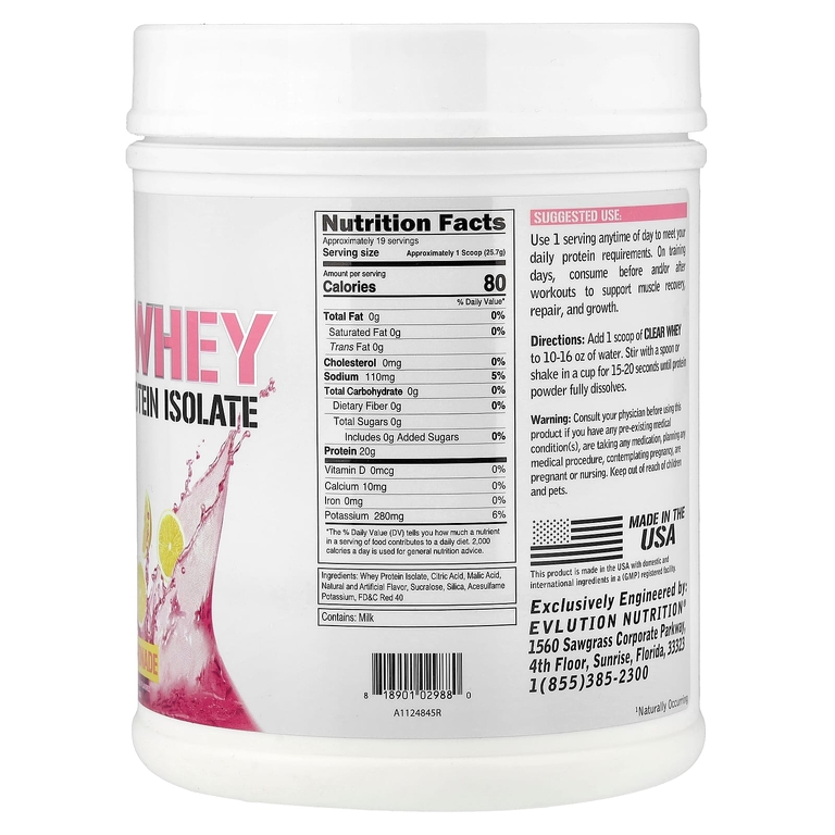 EVLution Nutrition, Clear Whey, 100% изолят сывороточного протеина, со вкусом розового лимонада, 500 г (1,1 фунта)