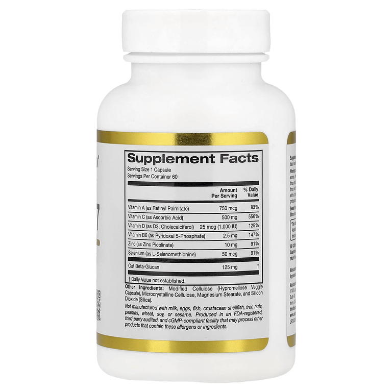 California Gold Nutrition, Defender 7, добавка с витаминами A, C, D3 и B6, цинком, селеном и бета-глюканом, 60 растительных капсул