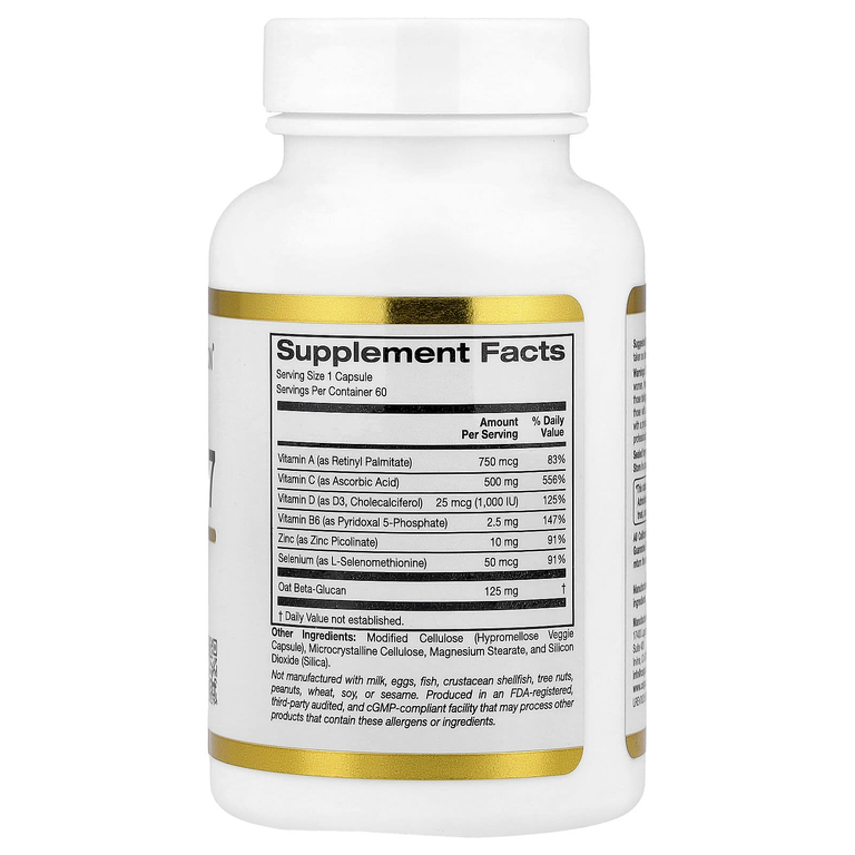 California Gold Nutrition, Defender 7, добавка с витаминами A, C, D3 и B6, цинком, селеном и бета-глюканом, 60 растительных капсул