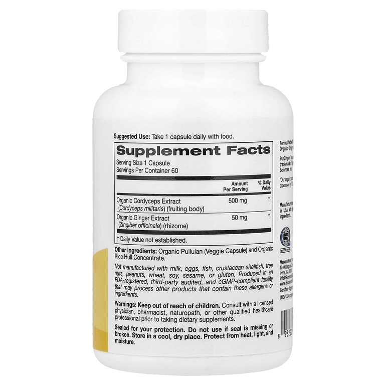 Super Nutrition, органический гриб кордицепс с имбирём, 60 вегетарианских капсул