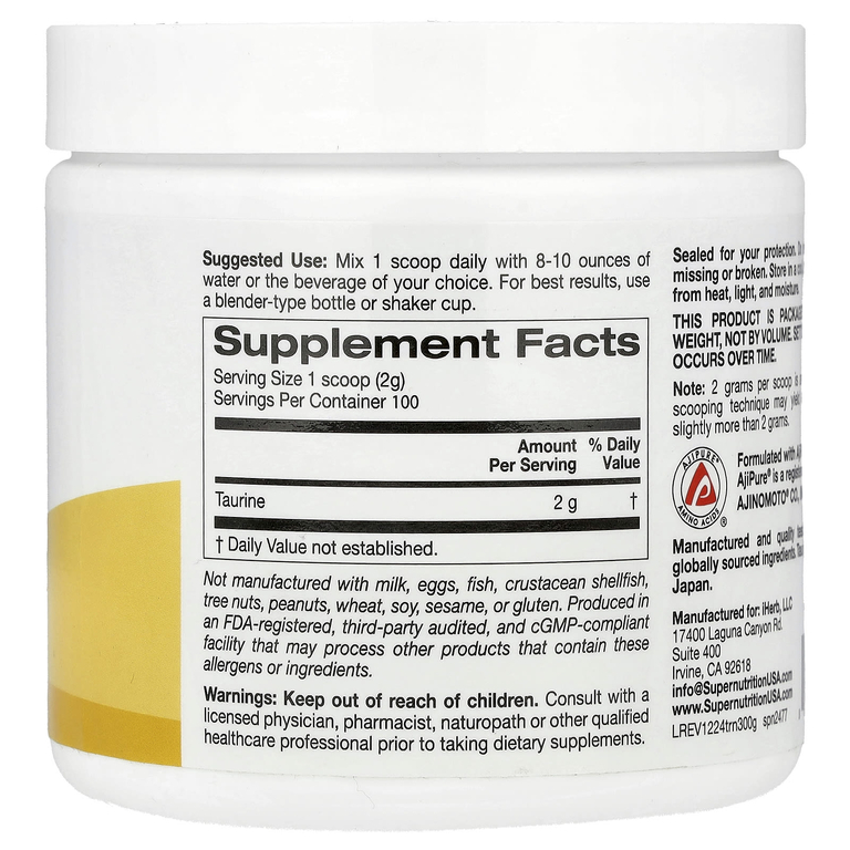 Super Nutrition, таурин, без добавок, 200 г (7,05 унции)