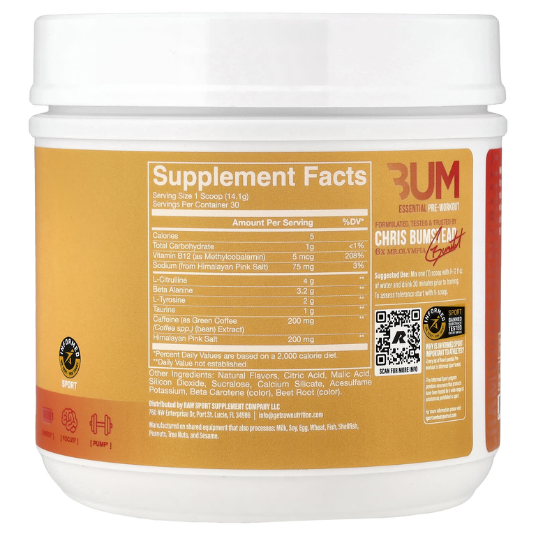 Raw Nutrition, Bum, предтренировочный комплекс, со вкусом персика и манго, 423 г (14,9 унции)