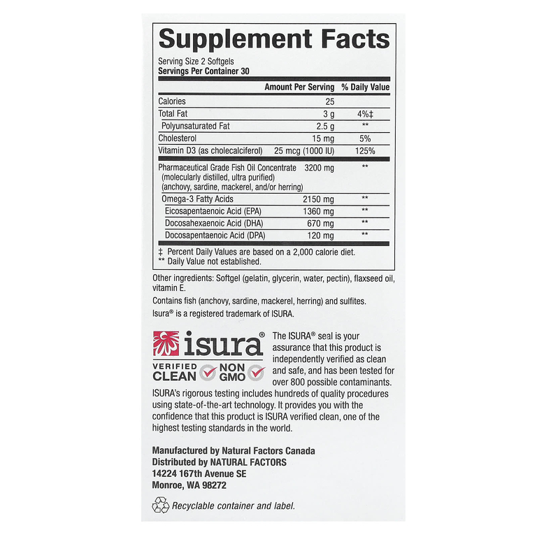 Natural Factors, RxOmega-3, повышенной силы действия с витамином D3, 60 мягких таблеток