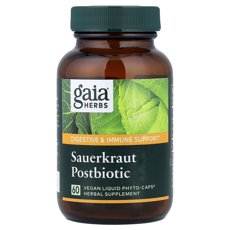 Gaia Herbs, Постбиотик из квашеной капусты, 60 веганских жидких фито-капсул®  (0,6 мг в каждой капсуле)