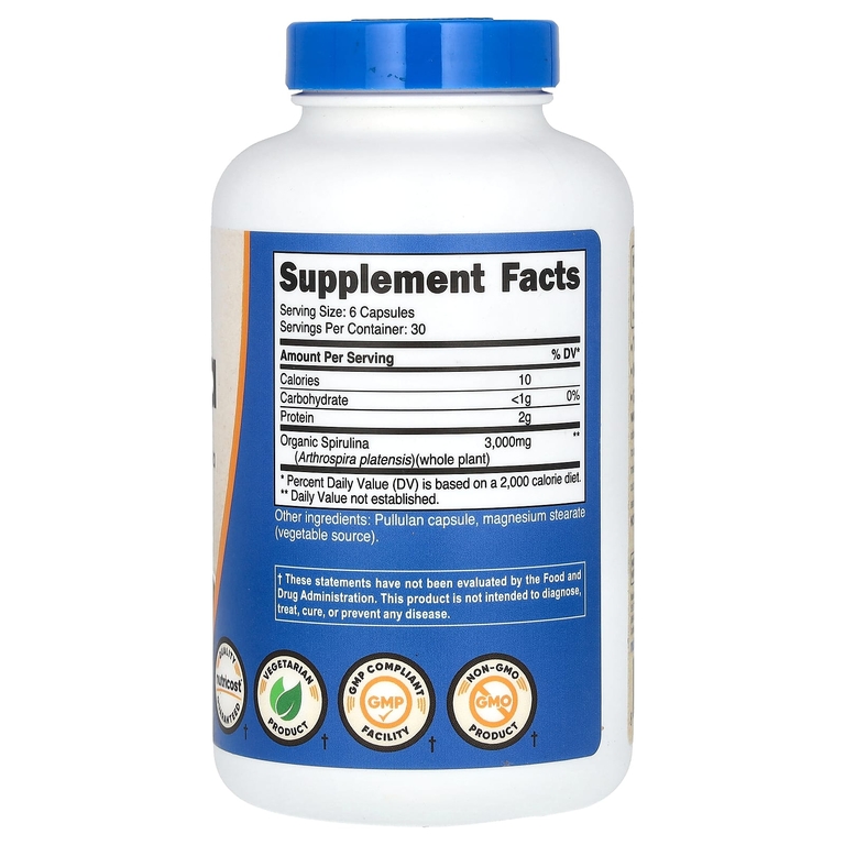 Nutricost, Спирулина, 180 капсул (500 мг в 1 капсуле)
