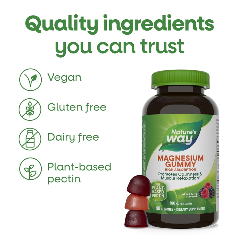 Nature's Way, жевательная таблетка с магнием, со вкусом ягодного ассорти, 100 мг, 90 жевательных мармеладок