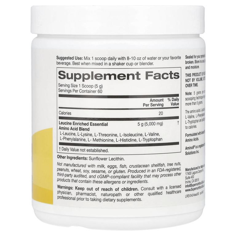 Super Nutrition, незаменимые аминокислоты, обогащённые лейцином, с L-лейцином, L-лизином, L-треонином и L-изолейцином, без ароматизаторов, 300 г (10,58 унции)