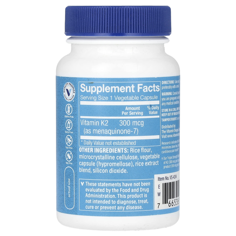 The Vitamin Shoppe, витамин K2, тройная сила, 300 мкг, 60 растительных капсул