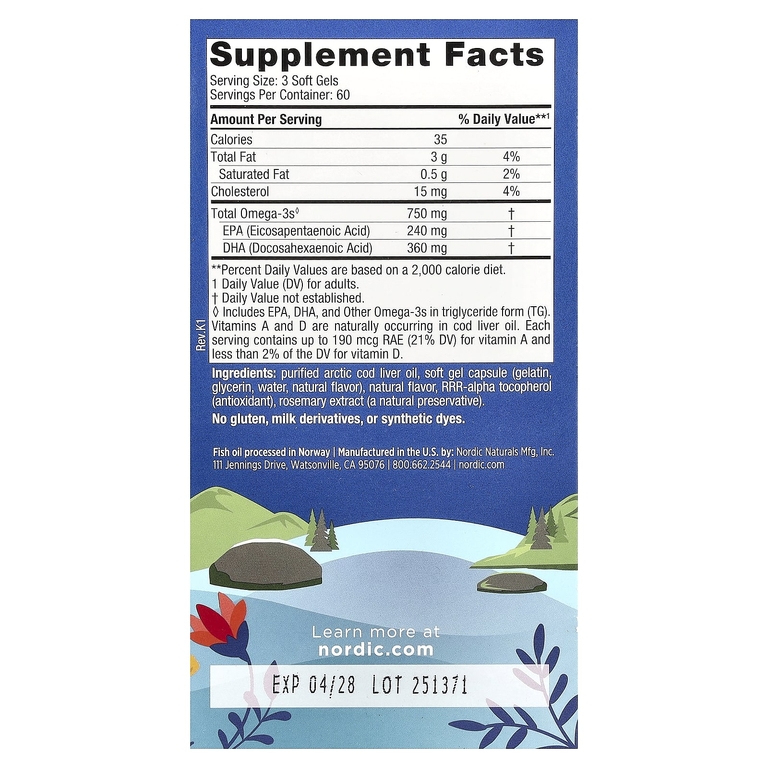 Nordic Naturals, жир из печени арктической трески, лимон, 180 желатиновых капсул