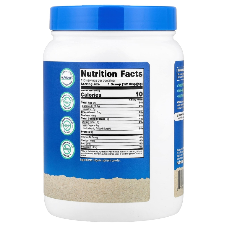 Nutricost, порошок из органического шпината, без добавок, 454 г (16,2 унции)