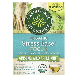 Traditional Medicinals, Organic Stress Ease® Focus, женьшень, дикое яблоко и мята, без кофеина, 16 чайных пакетиков в упаковке, 28 г (0,99 унции)