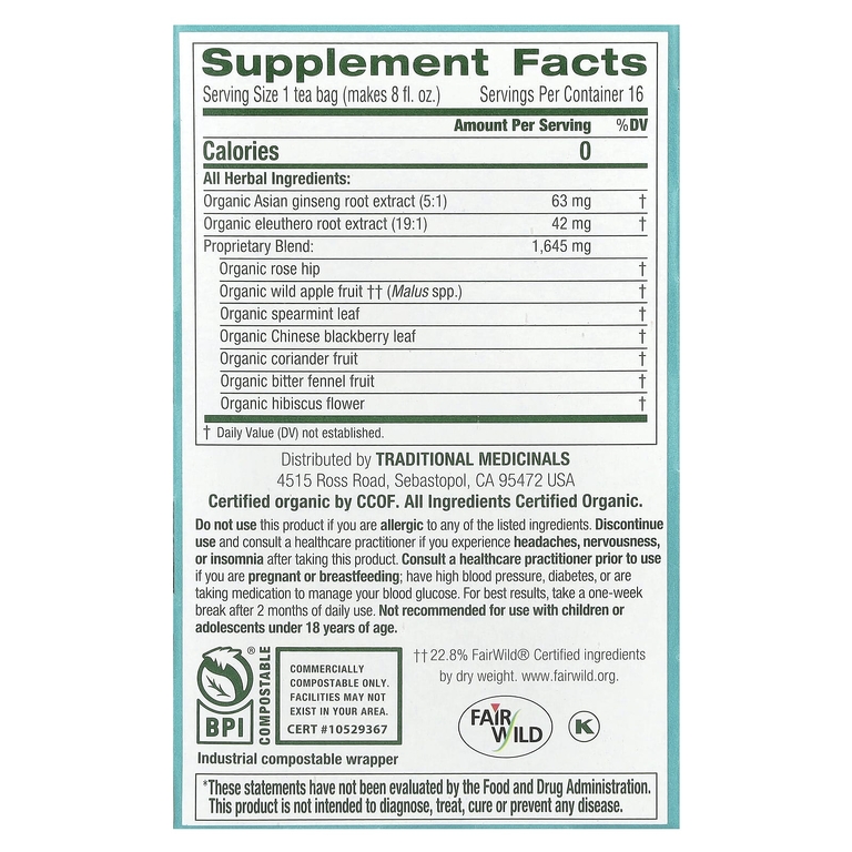 Traditional Medicinals, Organic Stress Ease® Focus, женьшень, дикое яблоко и мята, без кофеина, 16 чайных пакетиков в упаковке, 28 г (0,99 унции)