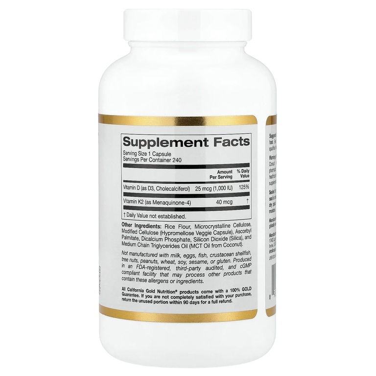 California Gold Nutrition, витамины D3 и К2, 240 растительных капсул