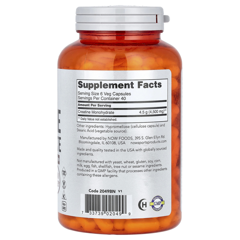 NOW Foods, Sports, моногидрат креатина, 750 мг, 240 вегетарианских капсул