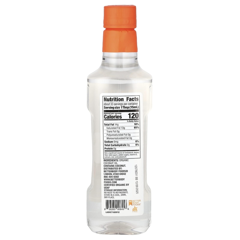 BetterBody Foods, органическое кокосовое масло MCT, 500 мл (16,9 жидк. унции)